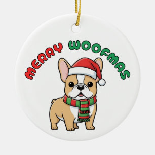 Christmas French Bulldog Ornament: Merry Woofmas Ceramic Tree Decoration