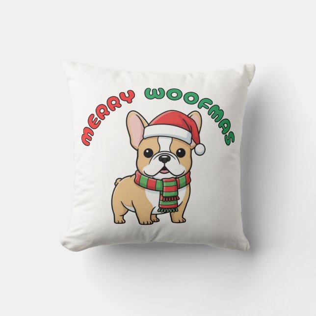 Christmas French Bulldog Pillow: Merry Woofmas Cushion (Front)