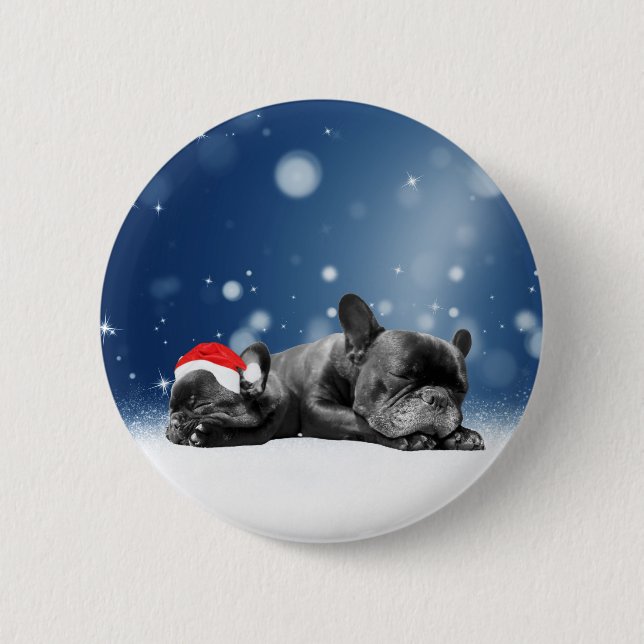 Christmas French Bulldog Puppies snow santa hat 6 Cm Round Badge (Front)