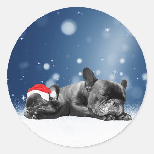 Christmas French Bulldog Puppies snow santa hat Classic Round Sticker (Front)