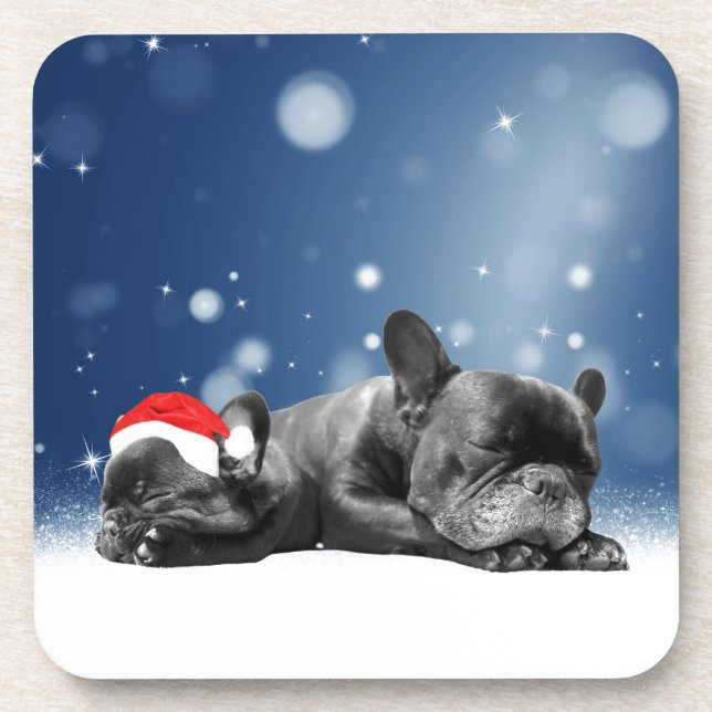 Christmas French Bulldog Puppies snow santa hat Coaster (Front)