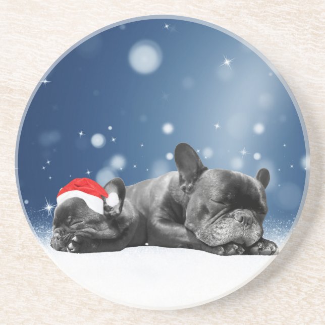 Christmas French Bulldog Puppies snow santa hat Coaster (Front)
