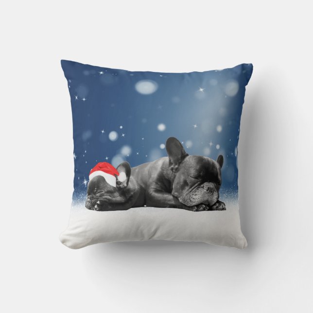 Christmas French Bulldog Puppies snow santa hat Cushion (Front)