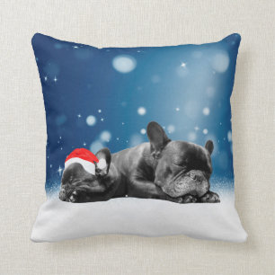Christmas French Bulldog Puppies snow santa hat Cushion