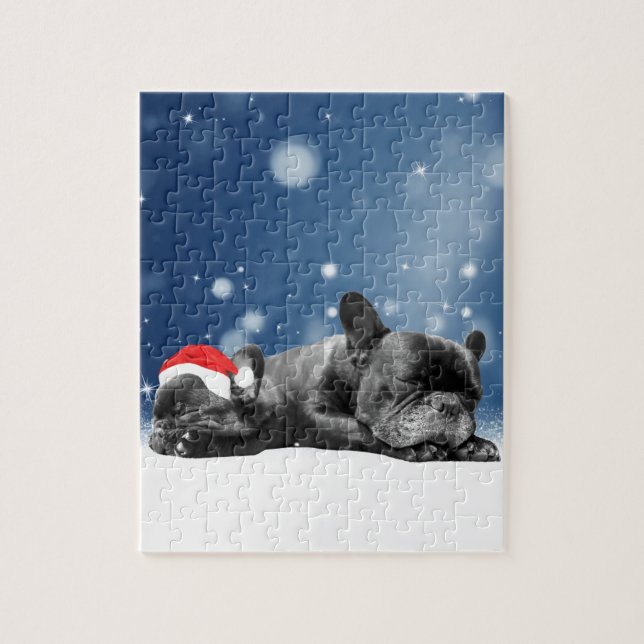 Christmas French Bulldog Puppies snow santa hat Jigsaw Puzzle (Vertical)