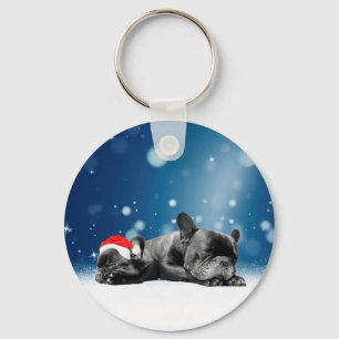 Christmas French Bulldog Puppies snow santa hat Key Ring