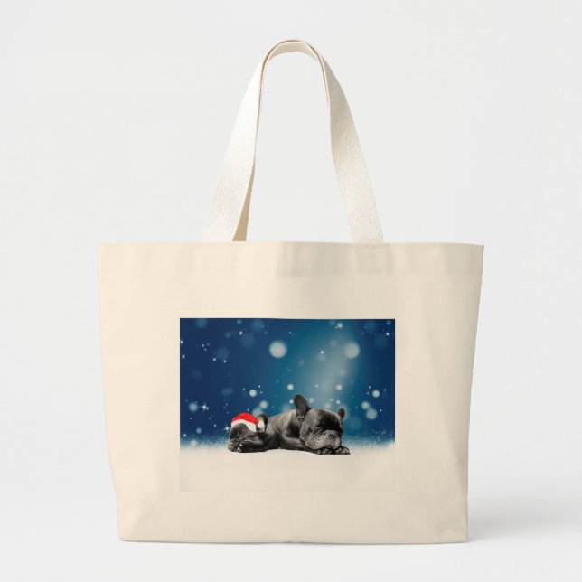 Christmas French Bulldog Puppies snow santa hat Large Tote Bag (Front)