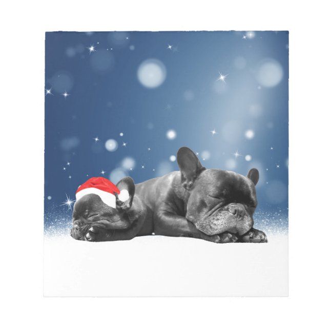 Christmas French Bulldog Puppies snow santa hat Notepad (Front)