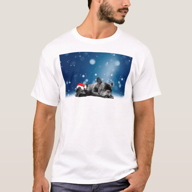 Christmas French Bulldog Puppies snow santa hat T-Shirt (Front)
