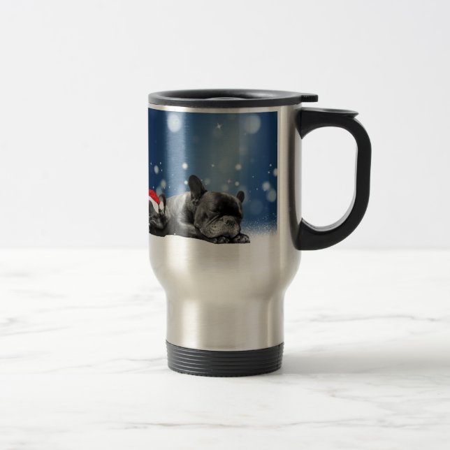 Christmas French Bulldog Puppies snow santa hat Travel Mug (Right)