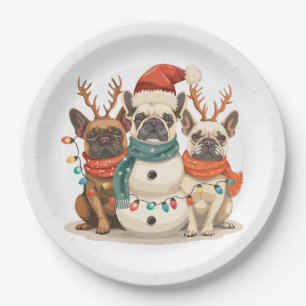 Christmas French Bulldog Reindeer Dogs Paper Plate