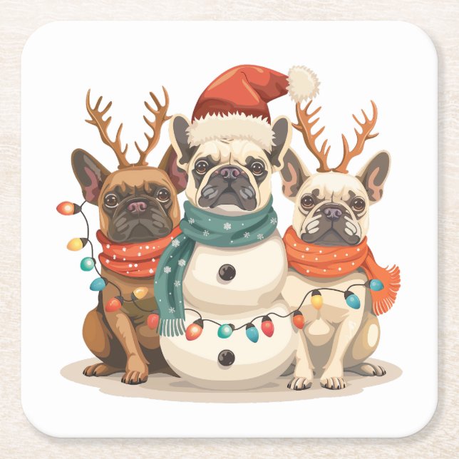 Christmas French Bulldog Reindeer Dogs Square Paper Coaster (Front)