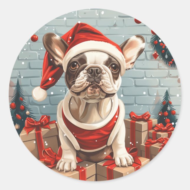 Christmas French Bulldog Santa Dog Classic Round Sticker (Front)