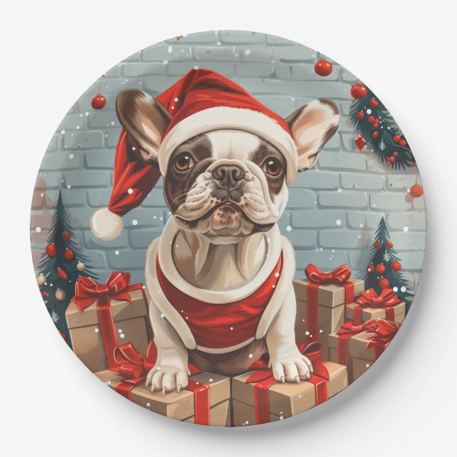 Christmas French Bulldog Santa Dog Paper Plate (Front)