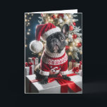 Christmas French Bulldog With Santa Hat Card<br><div class="desc">French Bulldog dressed in a festive sweater and Santa hat sits atop a gift box surrounded by Christmas presents.
Text can be changed.</div>