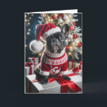 Christmas French Bulldog With Santa Hat Card<br><div class="desc">French Bulldog dressed in a festive sweater and Santa hat sits atop a gift box surrounded by Christmas presents.
Text can be changed.</div>