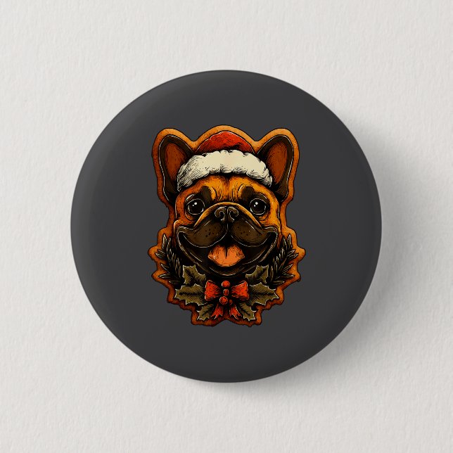 Christmas French Bulldog With Santa Hat Gingerbrea 6 Cm Round Badge (Front)