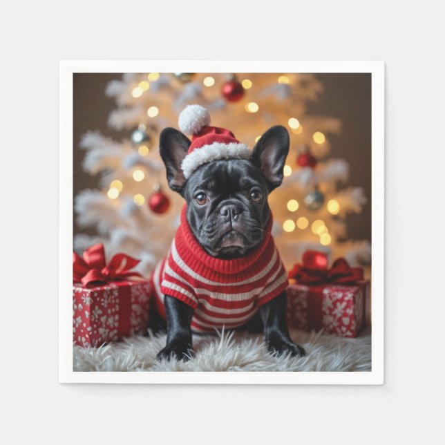 Christmas French Bulldog With Santa Hat Napkin (Front)