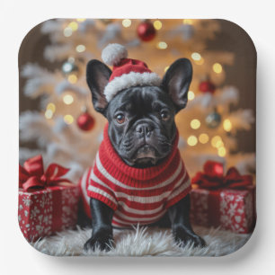 Christmas French Bulldog With Santa Hat Paper Plate