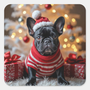 Christmas French Bulldog With Santa Hat Square Sticker