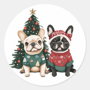Christmas French Bulldogs Classic Round Sticker
