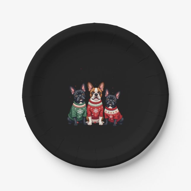 Christmas French Bulldogs Xmas Frenchie Dog 4 Paper Plate (Front)