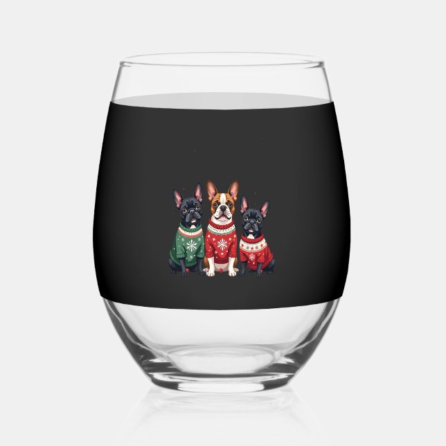 Christmas French Bulldogs Xmas Frenchie Dog 4 Stemless Wine Glass (Front)