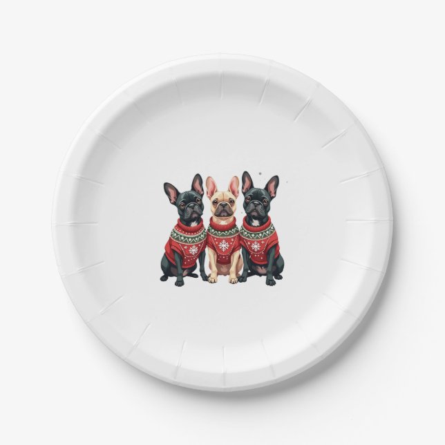 Christmas French Bulldogs Xmas Frenchie Dog Paper Plate (Front)