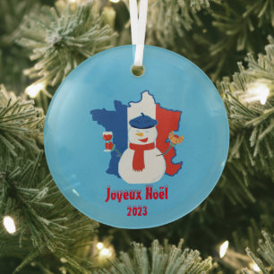 Christmas French Flag Snowman Glass Tree Decoration
