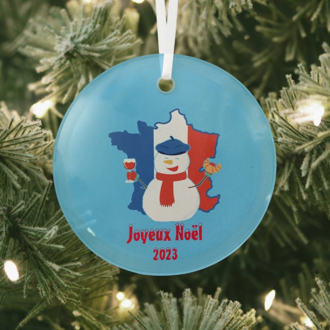 Christmas French Flag Snowman Glass Tree Decoration (Insitu)