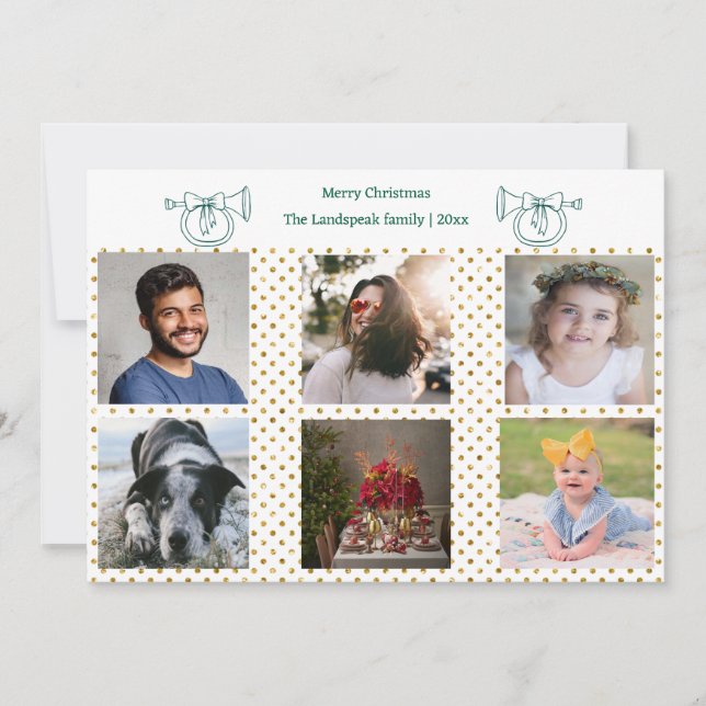 Christmas French Horn Gold Confetti & 6 Photos Holiday Card (Front)