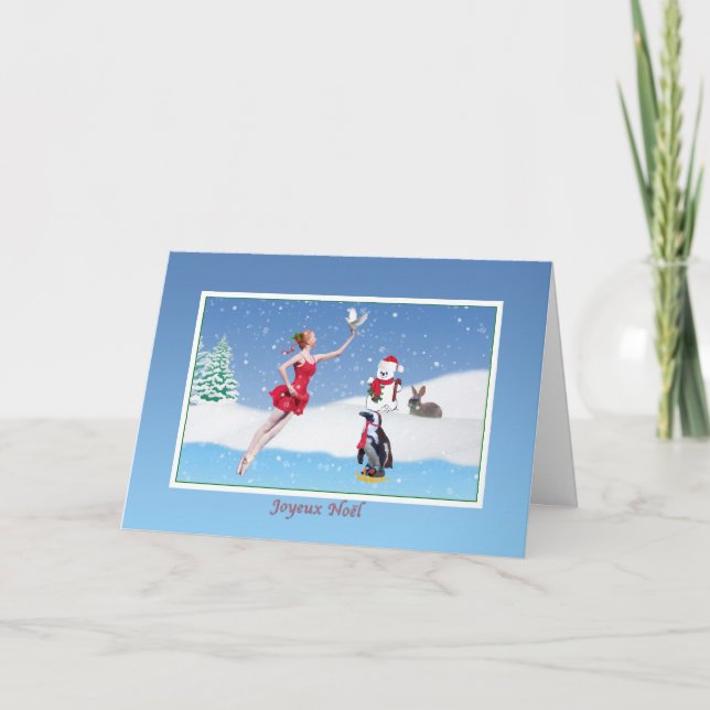 Christmas, French,  Joyeux Noël, Ballerina, Snow Holiday Card (Front)
