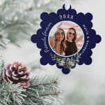 Christmas friend photo navy blue cone pine tree decoration card<br><div class="desc">Personalise and add your own photo. A navy blue background decorated with a cone and pine greenery.  Add your names and year.</div>