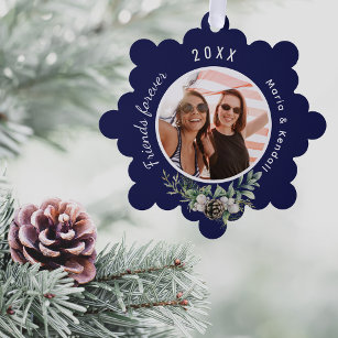 Christmas friend photo navy blue cone pine tree decoration card