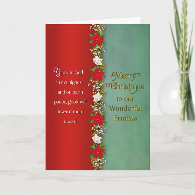 Christmas Friends Christian Red Poinsettia Garland Card (Front)