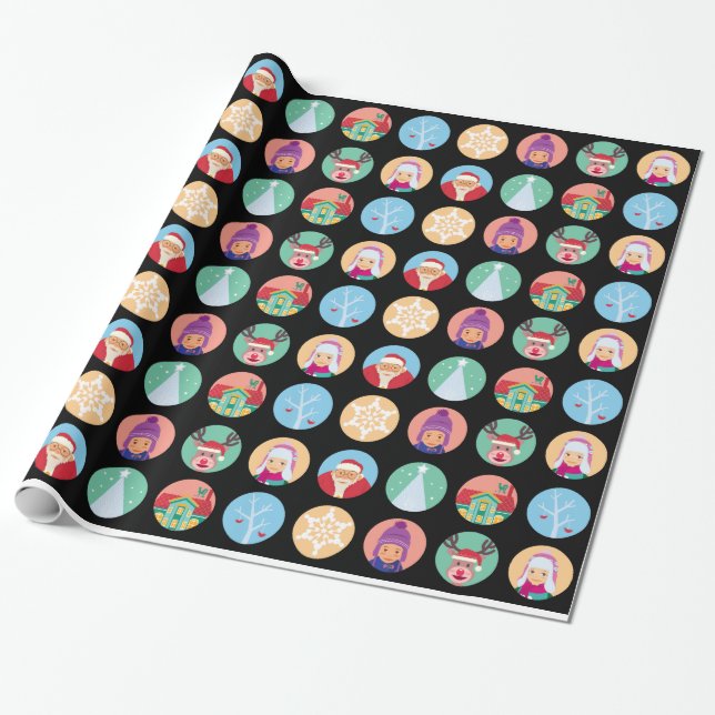 Christmas friends dot pattern (black) wrapping paper (Unrolled)