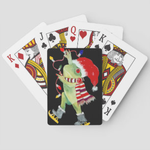 Christmas frog playing cards