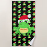 Christmas Frog Santa Hat Pattern Black Novelty  Beach Towel<br><div class="desc">Have fun this holiday season with this fun cute green cartoon frog wearing a Santa's hat on your beach towel. Fun, simple and novel especially for the amphibian lover. Great for that person who is just young at heart. Green cartoon frog with a Santa hat pattern on a black background...</div>
