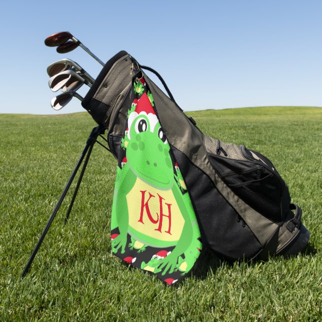 Christmas Frog Santa Hat Pattern Black Novelty  Golf Towel (Green)