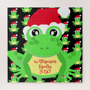 Christmas Frog Santa Hat Pattern Black Novelty  Jigsaw Puzzle