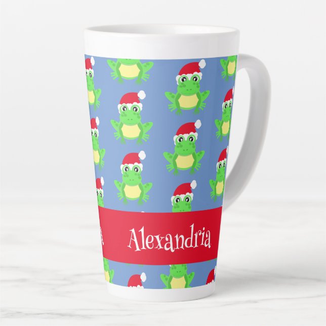 Christmas Frog Santa Hat Pattern Blue Novelty Latte Mug (Right Angle)