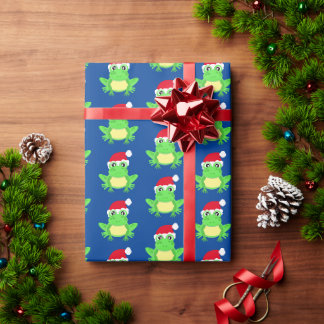 Christmas Frog Santa Hat Pattern Blue Novelty Wrapping Paper
