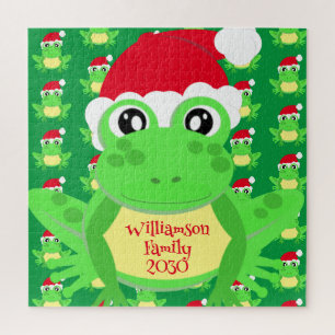 Christmas Frog Santa Hat Pattern Green Novelty Jigsaw Puzzle