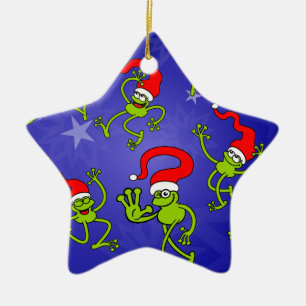 Christmas Frogs jumping, dancing and celebrating! Ceramic Tree Decoration