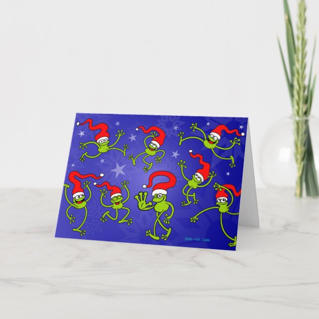 Christmas Frogs jumping, dancing and celebrating! Holiday Card (Front)