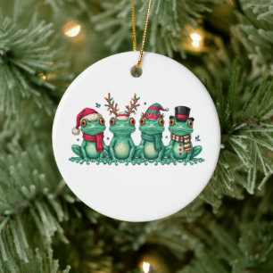 Christmas Frogs Wearing Santa Hat Reindeer Antlers Ceramic Tree Decoration