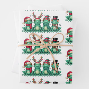 Christmas Frogs Wearing Santa Hat Reindeer Antlers Wrapping Paper Sheet