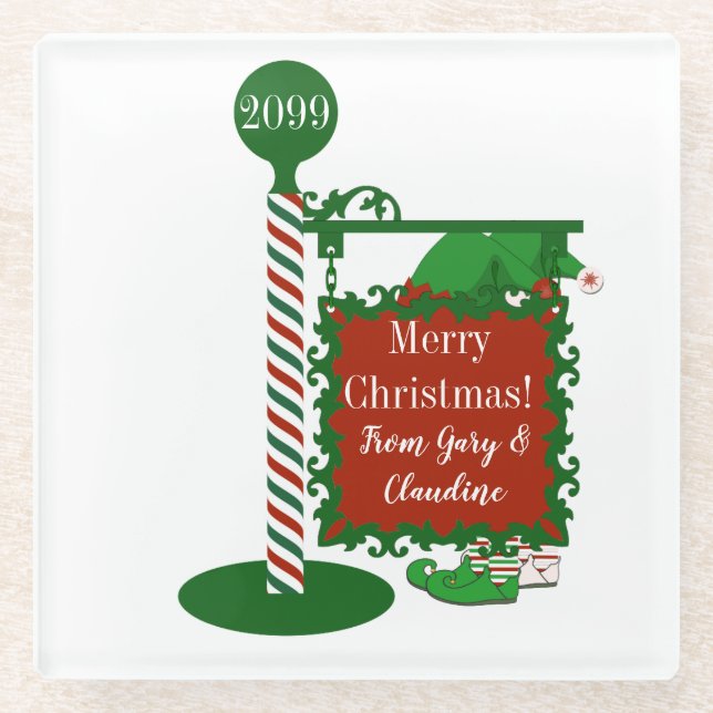 Christmas From Couple Names Elves Glass Coaster (Front)