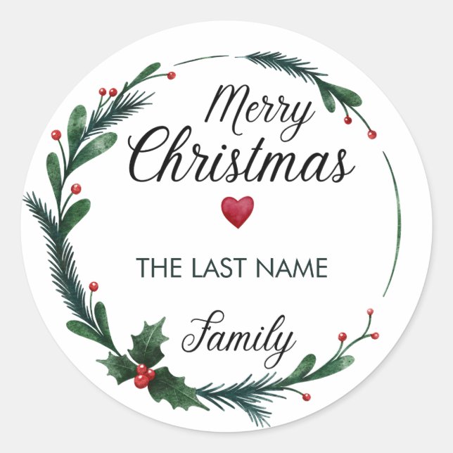 Christmas From Last Name Stickers Wreath Heart (Front)