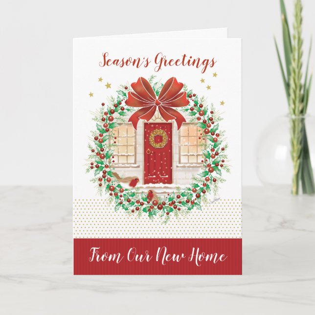Christmas, From Our New Home. Holly Wreath, Door Holiday Card (Front)